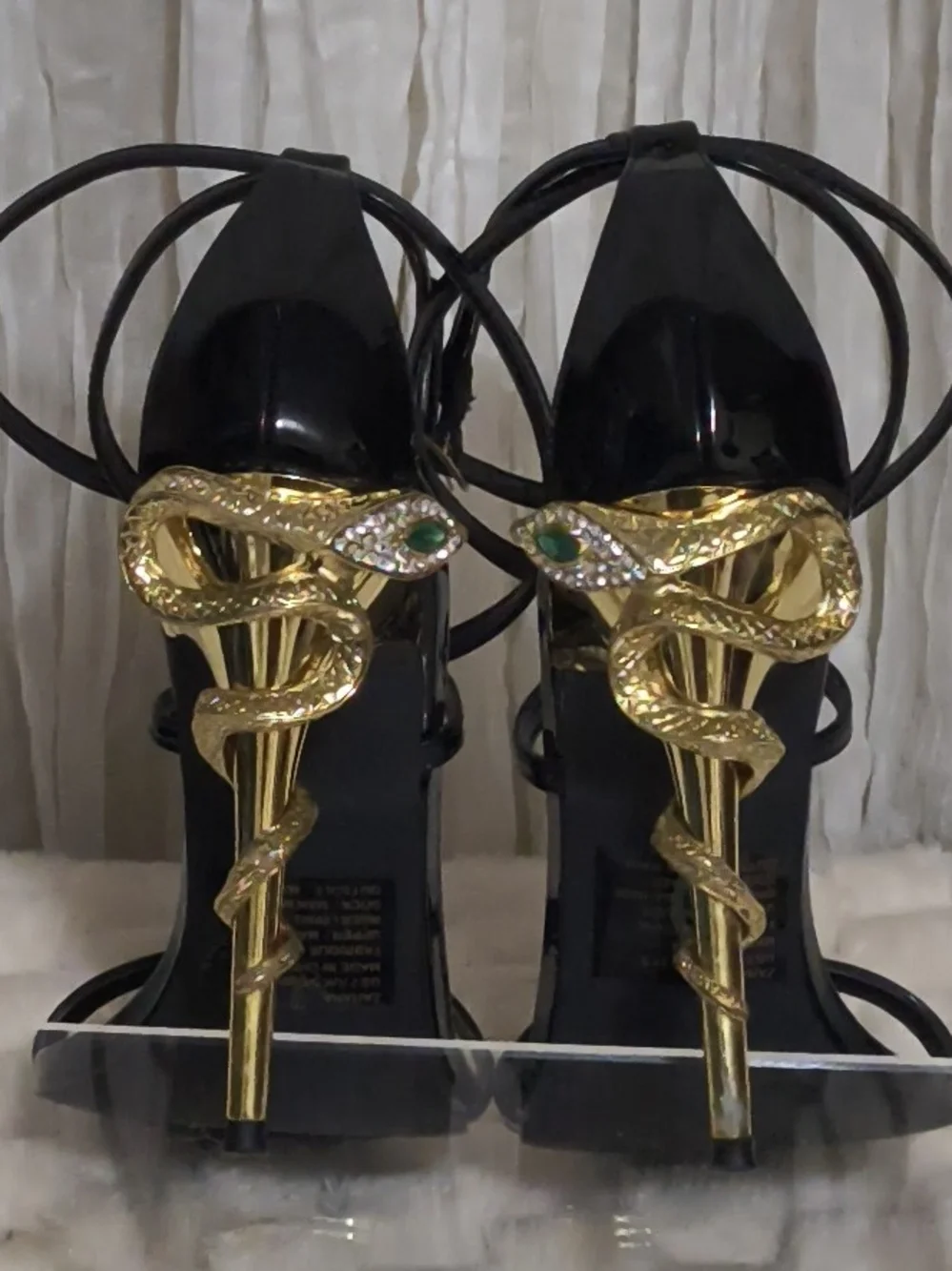 Black Strappy High Heel Sandals with Gold Sculpted Heel